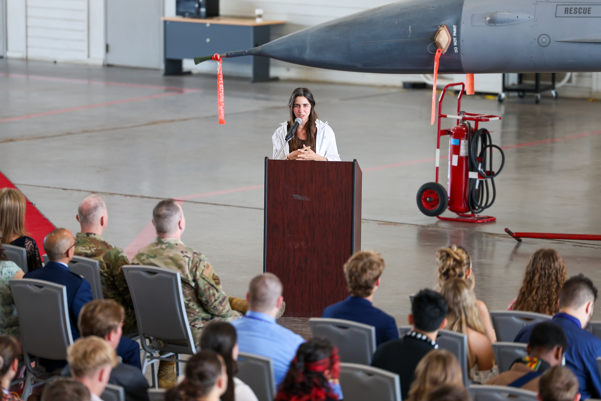 Julia Lamberth, an alumni military‑connected student and guest speaker, shares her experiences during the inaugural Military-Connected Senior Recognition Ceremony at Sheppard Air Force Base, Texas, March 29, 2026.
