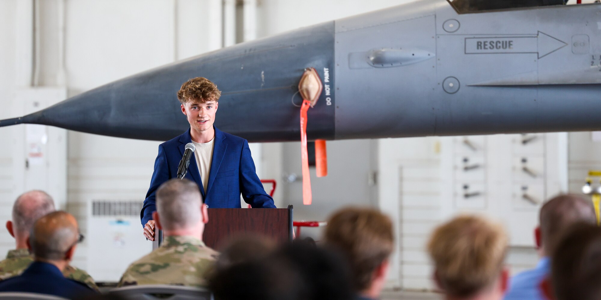 Robin Hendrickx, a local high school senior, speaks during the inaugural Military-Connected Senior Recognition Ceremony at Sheppard Air Force Base, Texas, March 29, 2026.