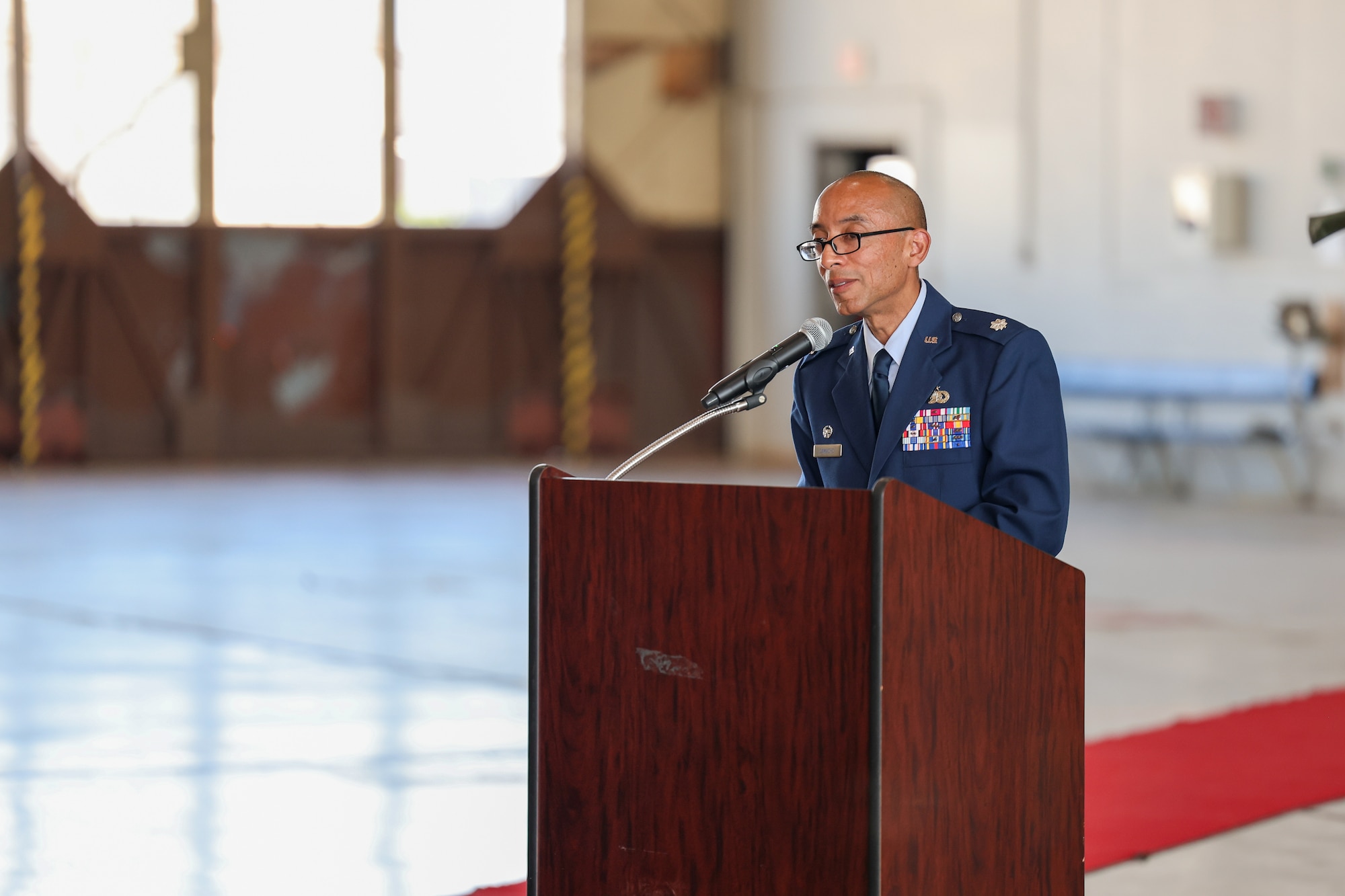 U.S. Air Force Lt. Col. Santiago Camacho, 82nd Force Support Squadron commander, delivers closing remarks during the inaugural Military-Connected Senior Recognition Ceremony at Sheppard Air Force Base, Texas, March 29, 2026.