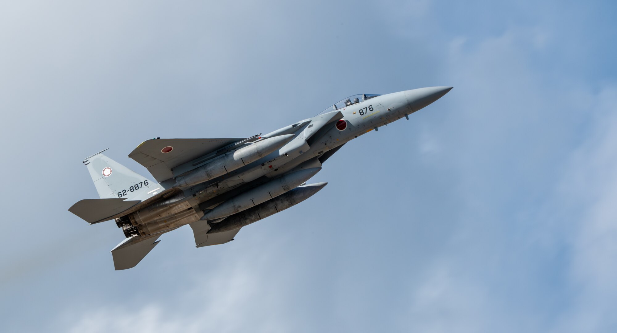 A Japan Air Self-Defense Force F-15J Eagle assigned to the 305th Tactical Fighter Squadron takes off during Nyutabaru Aviation Training Relocation exercise 26-1, at JASDF Nyutabaru Air Base, Japan.