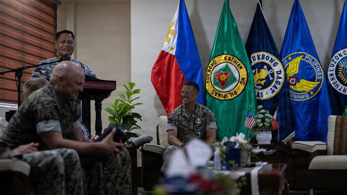 Philippine Air Force Lt. Gen. Aristotle D. Gonzalez, the commanding general of Northern Luzon Command, delivers remarks to U.S. Marines with Marine Rotational Force – Southeast Asia, I Marine Expeditionary Force, during a key leader engagement at Camp Aquino, Clark, Philippines.