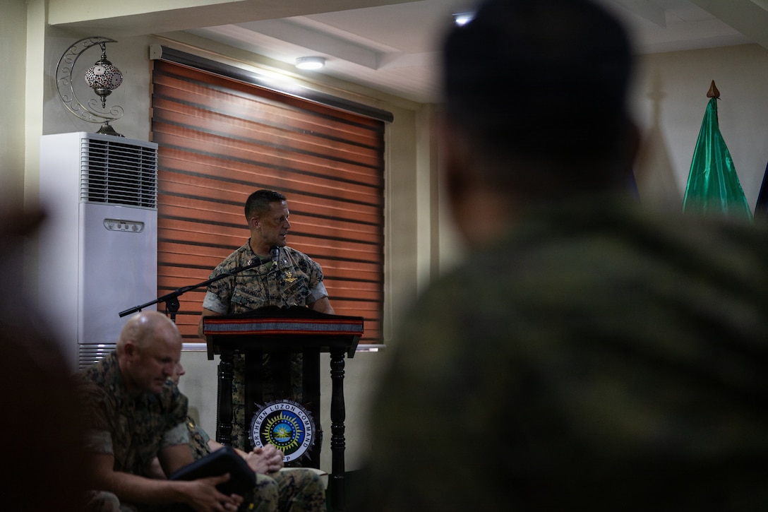 U.S. Marine Corps Col. Robb T. McDonald, the outgoing commanding officer of Marine Rotational Force – Southeast Asia, I Marine Expeditionary Force, delivers remarks during a key leader engagement at Camp Aquino, Clark, Philippines.