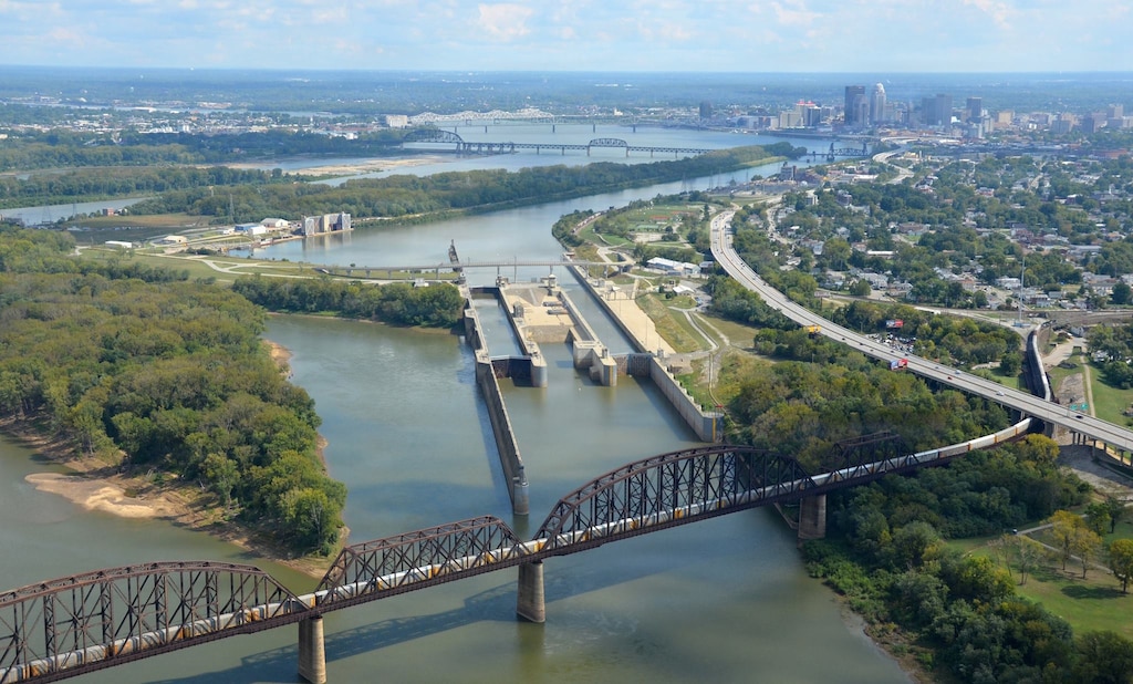 Aerial view of McAlpine Locks and Dam in Louisville, Kentucky.