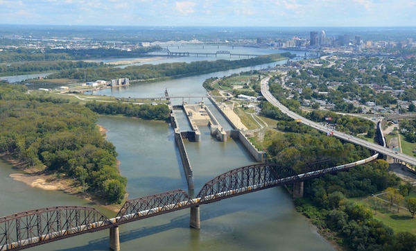 Aerial view of McAlpine Locks and Dam in Louisville, Kentucky.