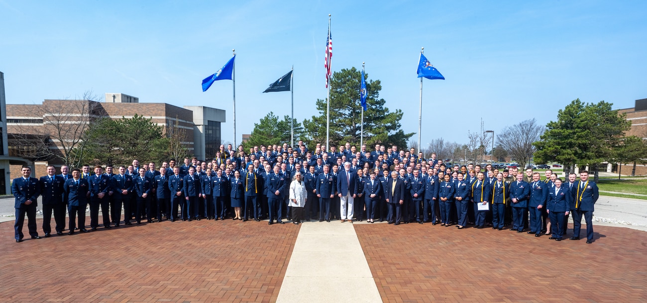 Students from the U.S. Air Force Institute of Technology Graduate School of Engineering and Management gather for a group photo at Wright-Patterson Air Force Base, Ohio, March 26, 2026. The graduating class included 181 students along with international partners from Australia, Saudi Arabia, Chile, Brazil and Israel. (U.S. Air Force photo by Jack Gardner)