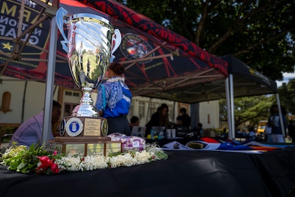The trophy for the Junior ROTC Pacific Regional Drill Meet is displayed during the competition in Honolulu, March 28, 2026. Waipahu High School won the trophy and will compete in the national competition at Daytona, Fla., May 2-3. (U.S. Air Force photo by Staff Sgt. Jordan Powell)