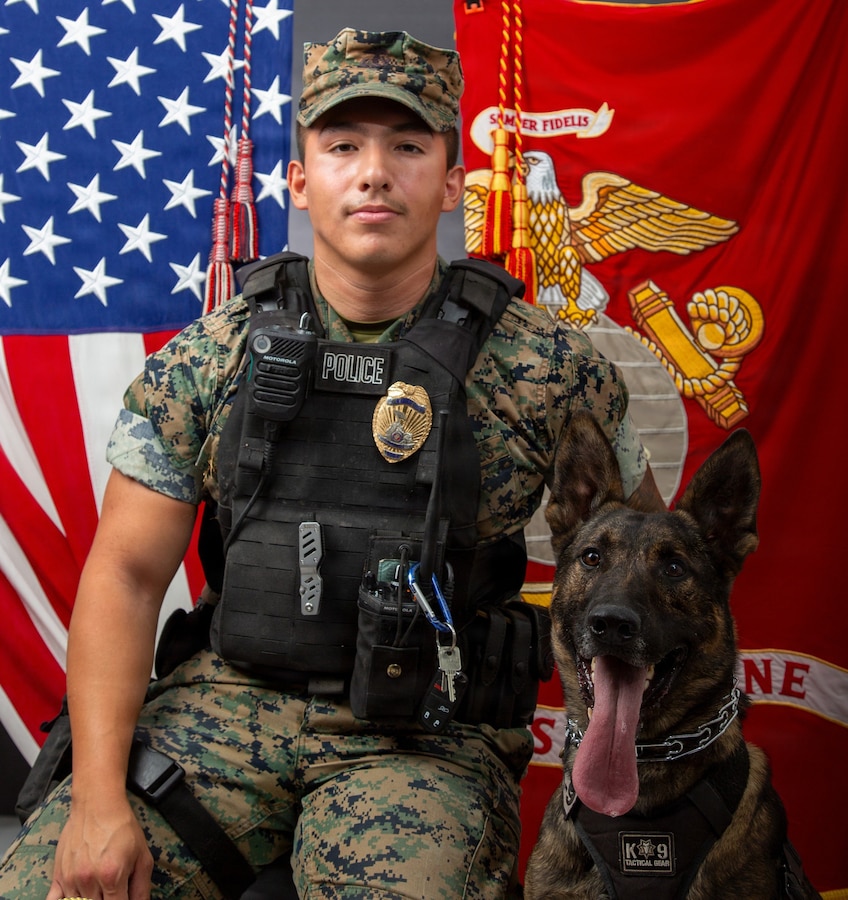 Sergeant Jorge Diego Bosquez Jr., military working dog handler assigned to the Provost Marshal’s Office aboard Marine Corps Logistics Base Barstow, California, was named the Noncommissioned Officer of the Year (2025) for Marine Corps Installations West. *Command Photo with K9 Partner Tigi