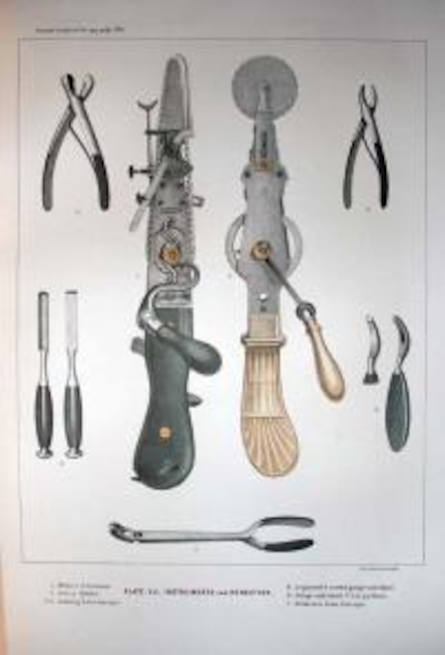 A diagram shows surgical instruments used during the Revolutionary War.