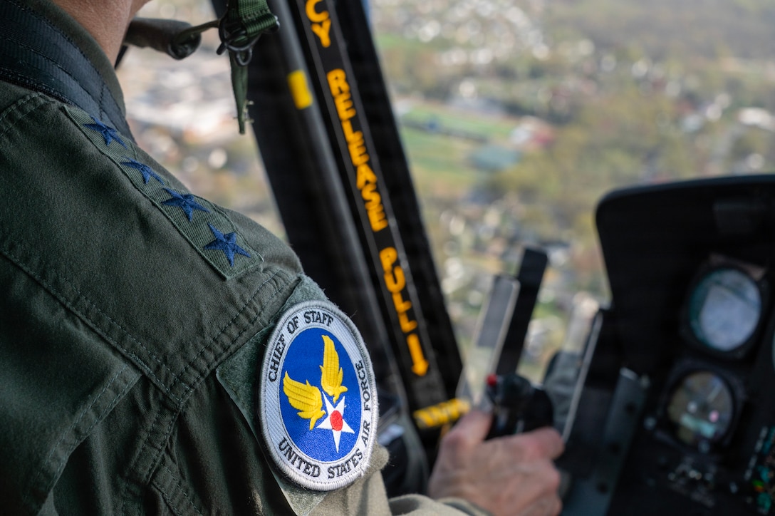 Air Force Chief of Staff Gen. Ken Wilsbach co-pilots a UH-1N Huey.