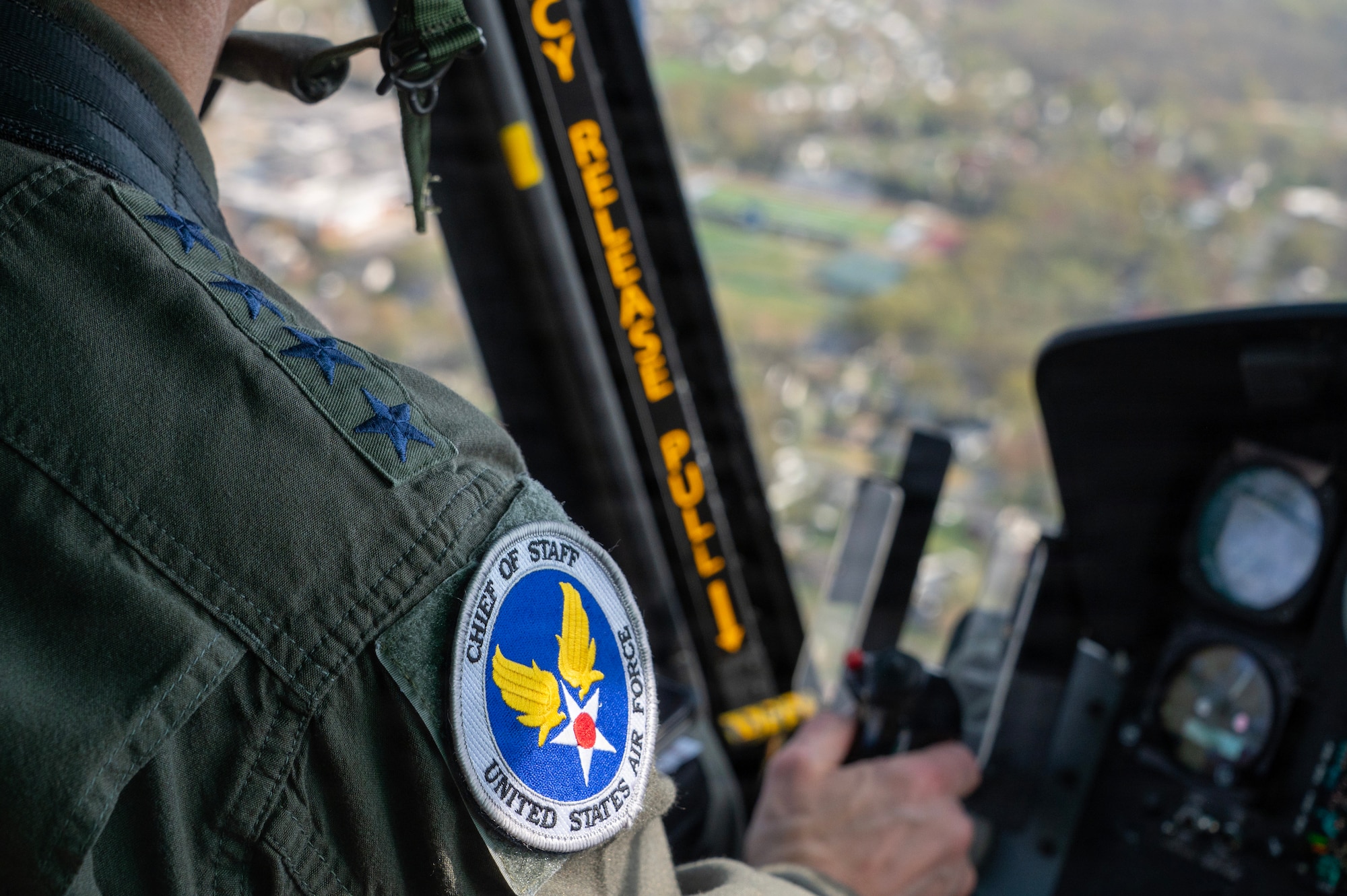 Air Force Chief of Staff Gen. Ken Wilsbach co-pilots a UH-1N Huey.