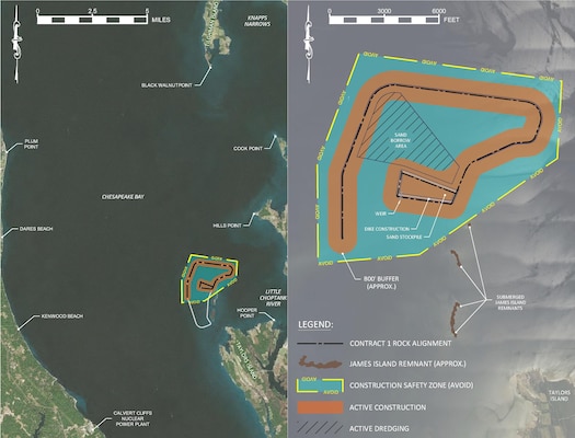 Mariners are urged to use extreme caution and reduce speeds surrounding the James Island Construction Safety Zone and fully avoid the area within the zone as underwater construction activities may cause damage to vessels as well as boating and fishing equipment. 

https://www.nab.usace.army.mil/MidBayWorkZone/