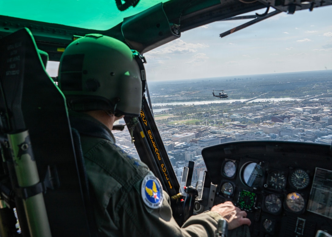 Air Force Chief of Staff Gen. Ken Wilsbach co-pilots a UH-1N Huey.