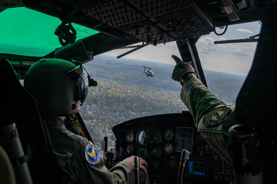 The Air Force Chief of Staff Gen. Wilsbach co-pilots a UH-1N Huey.