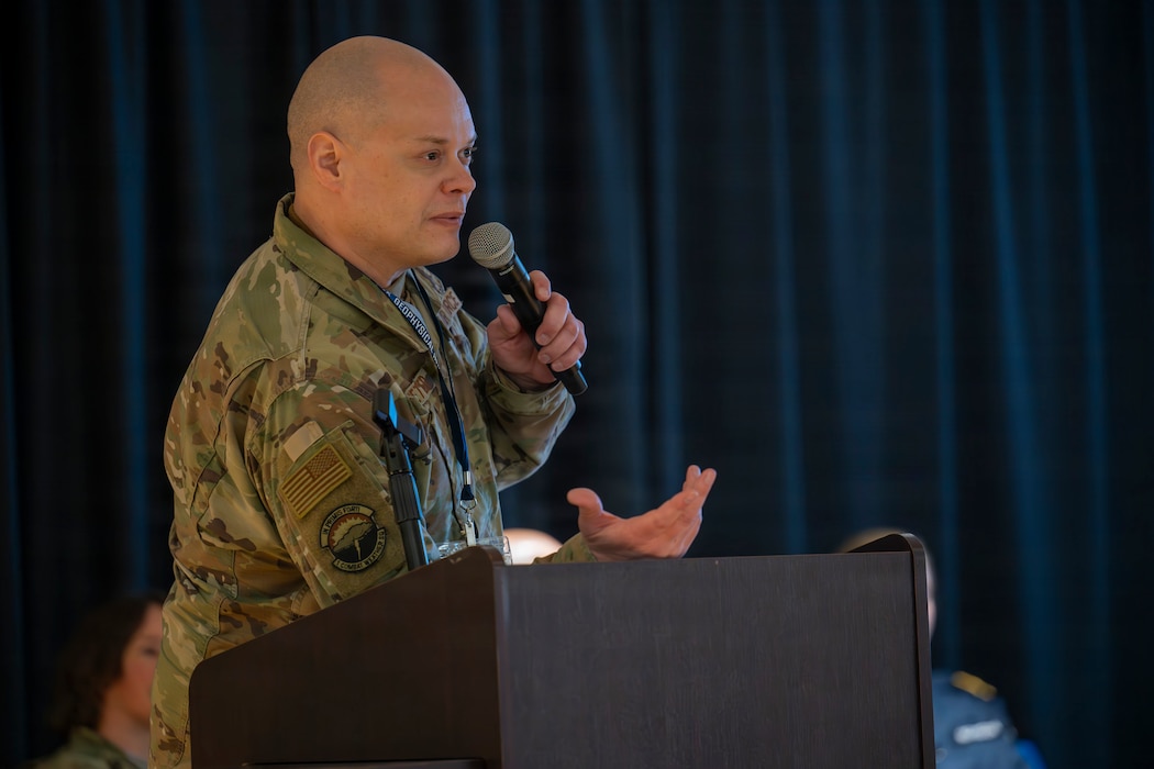 U.S. Air Force Master Sgt. William Ledbetter, 1st Combat Weather Squadron Detachment 3 senior enlisted leader, provides opening remarks during the Arctic Meteorological and Oceanographic (METOC) Partnership Summit at Fairbanks, Alaska, March 27, 2026.