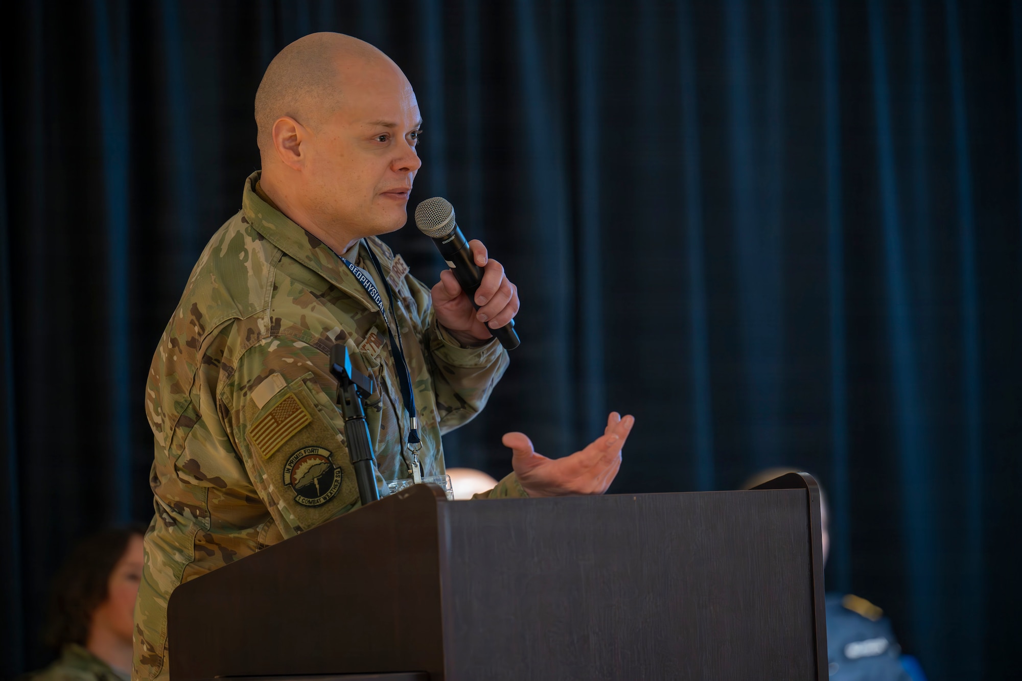 U.S. Air Force Master Sgt. William Ledbetter, 1st Combat Weather Squadron Detachment 3 senior enlisted leader, provides opening remarks during the Arctic Meteorological and Oceanographic (METOC) Partnership Summit at Fairbanks, Alaska, March 27, 2026.