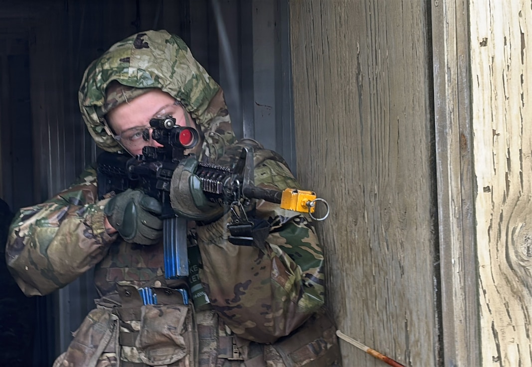 Sgt. Amanda Moberg pulls security during the 233rd’s "Road to War" training at Marseilles Training Area