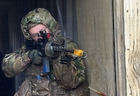 Sgt. Amanda Moberg pulls security during the 233rd’s "Road to War" training at Marseilles Training Area