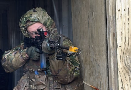 Sgt. Amanda Moberg pulls security during the 233rd’s "Road to War" training at Marseilles Training Area