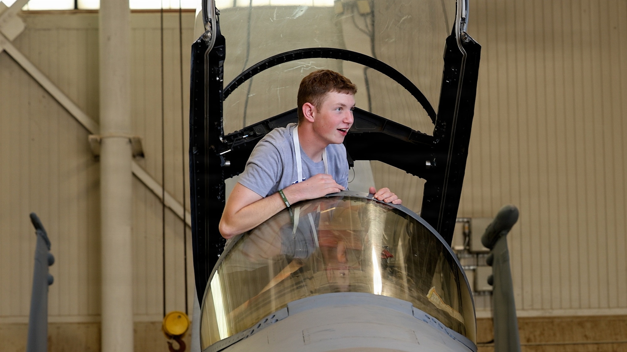 A student examines an F-16 Falcon during All-Star Leadership Day at Sheppard Air Force Base