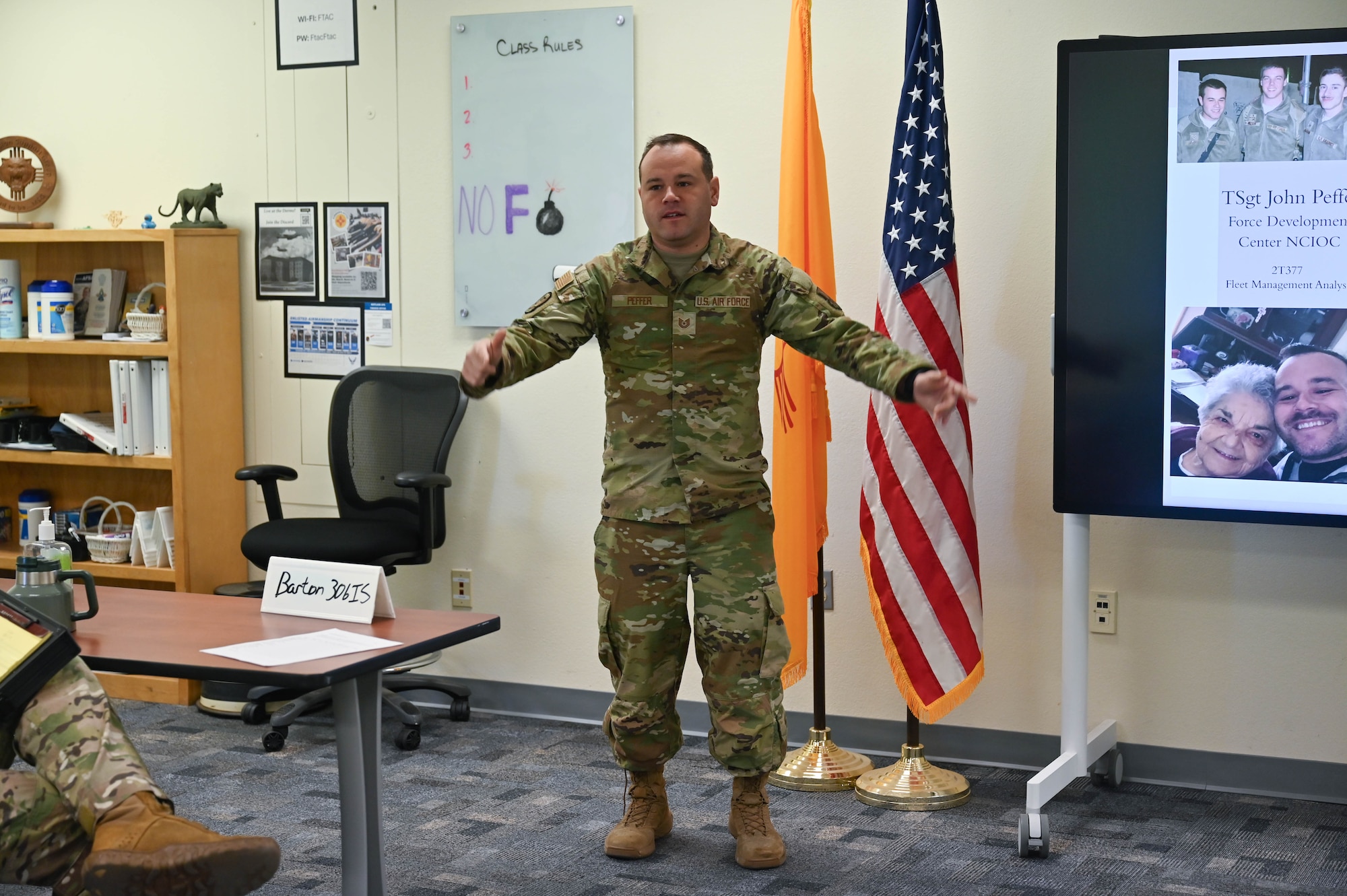 FTEC instructor introducing himself to a class of Airmen and Guardians straight out of technical training.