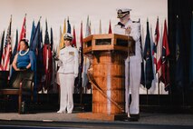 JOINT BASE PEARL HARBOR-HICKAM, Hawaii (March 12, 2026) – Cmdr. John Seers, Navy Chaplain, delivers the invocation during the change of command ceremony for Virginia-class fast-attack submarine USS Hawaii (SSN 776), at Sharkey Theater on Joint Base Pearl Harbor-Hickam, Hawaii, March 12, 2026. Hawaii is assigned to Submarine Squadron 1 and is capable of supporting various missions, including anti-submarine warfare, anti-surface ship warfare, strike warfare, special operations forces support, and intelligence, surveillance, and reconnaissance. (U.S. Navy photo by Mass Communication Specialist 2nd Class Nicholas Russell)