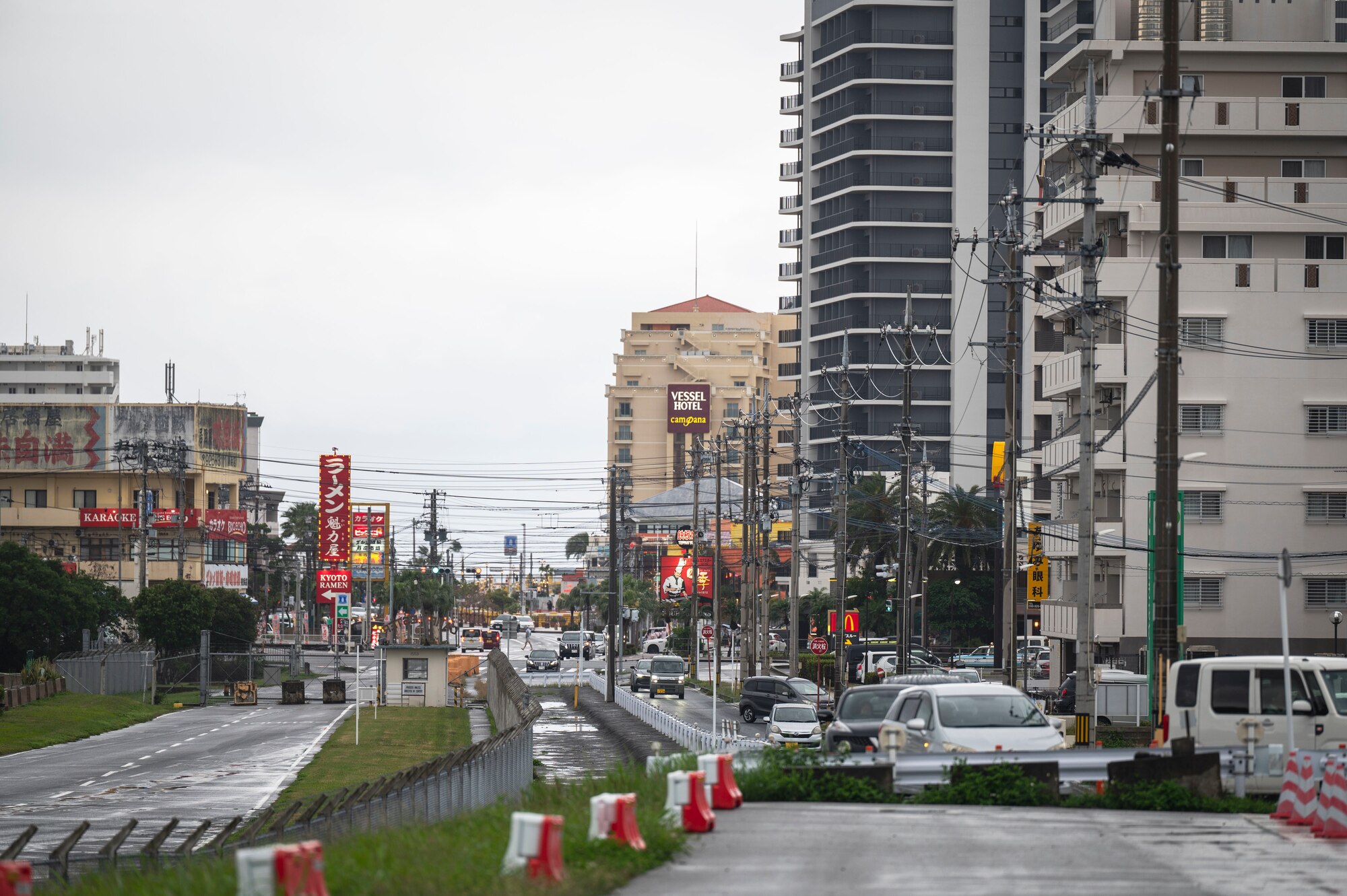 Vehicles transit throughout Chatan Town, Okinawa, Japan, April 1, 2026.