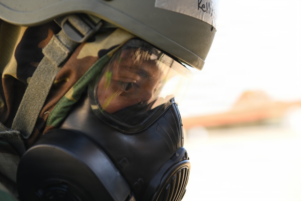 Airman in gas mask