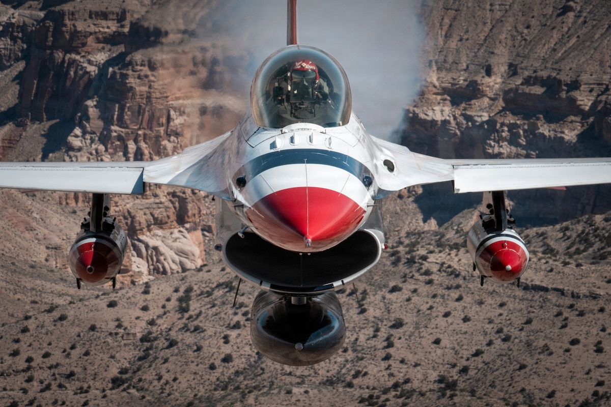 Lt. Col. Tyler Keener and Senior Airman Yendi Borjas fly in Thunderbird 7 over the Grand Canyon National Park, Ariz., March 23, 2026. Thunderbird 7 is the photo chase aircraft that captures aerial imagery of the U.S. Air Force Air Demonstration Squadron, the Thunderbirds. (U.S. Air Force photo by Staff Sgt. Sebastian Romawac)