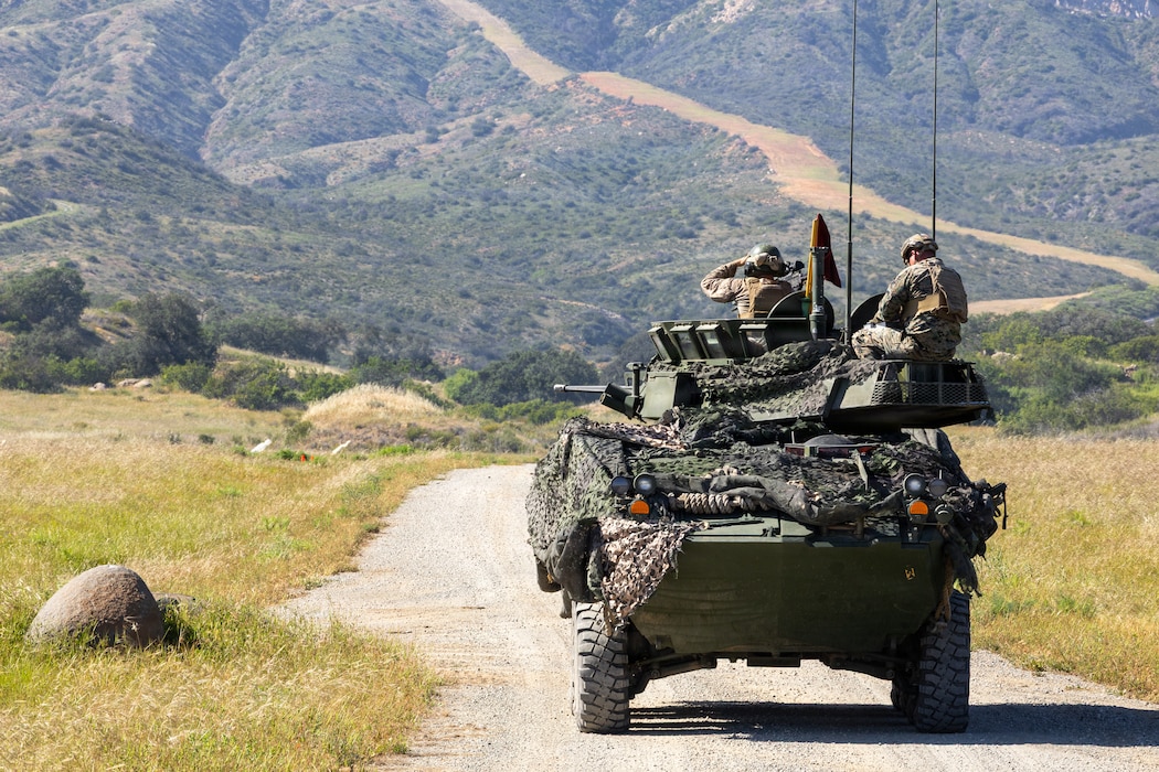 U.S. Marines participate in a light armored vehicle live-fire range event during the 2026 Bushmaster Competition, Camp Pendleton, California, March 27, 2026. This year, hosted by 4th Light Armored Reconnaissance, 4th Marine Division, the friendly competition gathers Light Armored Vehicle crews from across the U.S. Marine Corps, Australia and New Zealand to test their tactical and technical skills. (U.S. Marine Corps photo by Sgt. Aaron TorresLemus)