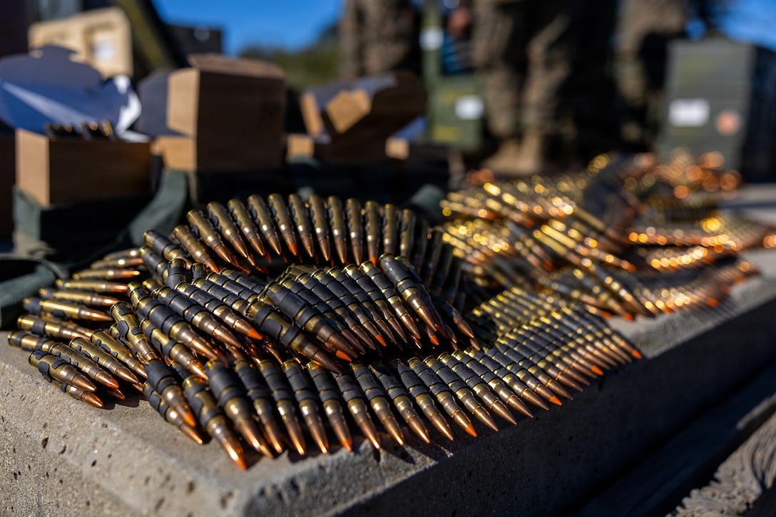 7.62 mm rounds, for the M240 Machine Guns attached to light armored vehicles for the light armored vehicle live-fire range event during the 2026 Bushmaster Competition, Camp Pendleton, California, March 27, 2026. This year, hosted by 4th Light Armored Reconnaissance, 4th Marine Division, the friendly competition gathers Light Armored Vehicle crews from across the U.S. Marine Corps, Australia and New Zealand to test their tactical and technical skills. (U.S. Marine Corps photo by Sgt. Aaron TorresLemus)