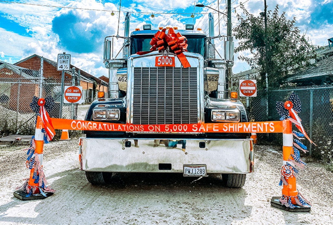 The five-thousandth shipment of FUSRAP-related material prepares to leave the Luckey Site in Luckey, Ohio, July 31, 2020. The truck was loaded with material contaminated with beryllium, radium-226, thorium-230, uranium-234, uranium-238, and lead, marking the substantial completion of Phase 1. (Courtesy Photo)