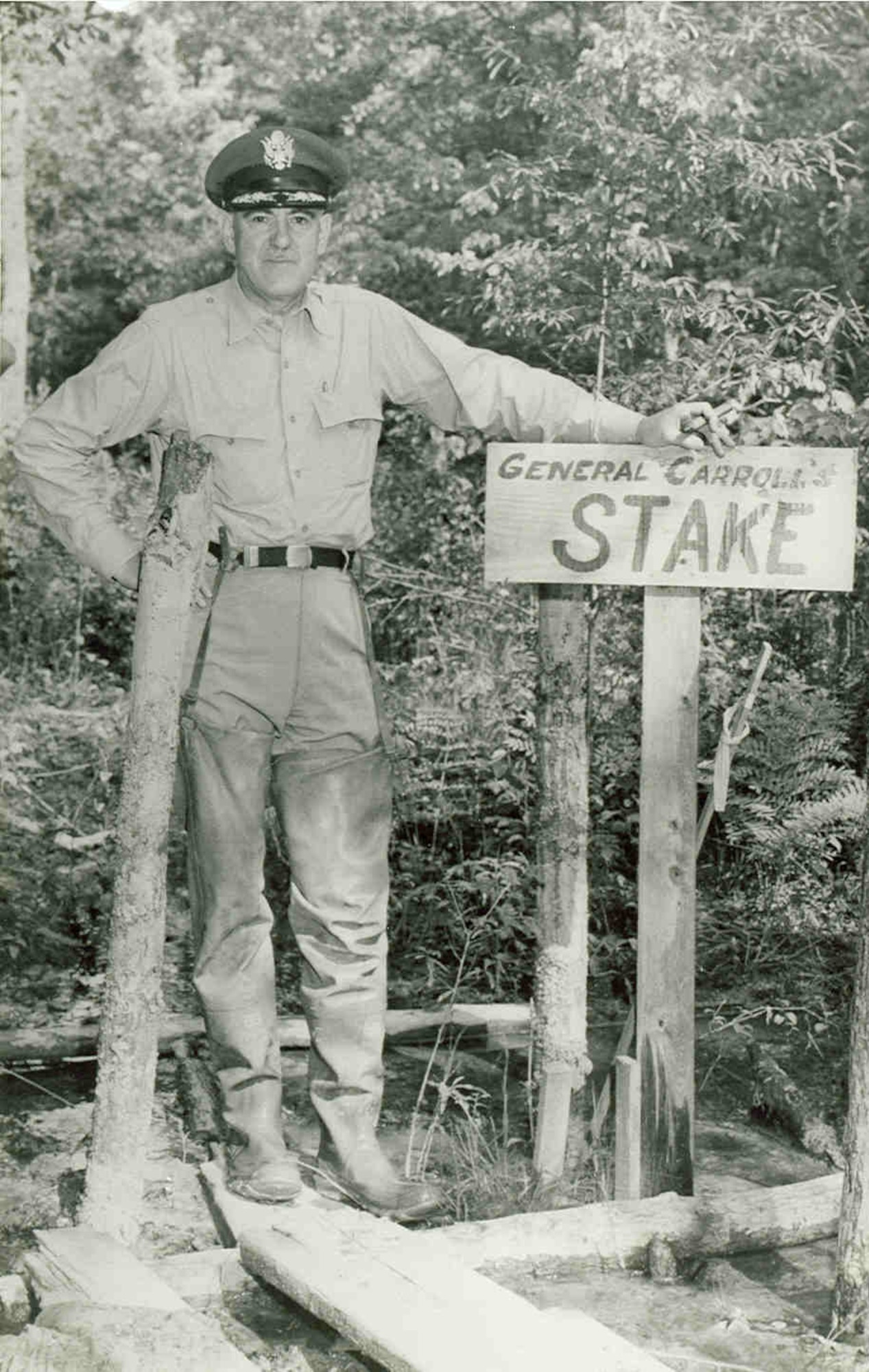 Maj. Gen. Franklin O. Carroll stands at the base stake for the construction grid for the Arnold Engineering Development Center at Arnold Air Force Base, Tenn., in April 1950. Carroll was the first AEDC commander and is credited with helping to bring the installation to fruition. (U.S. Air Force photo)