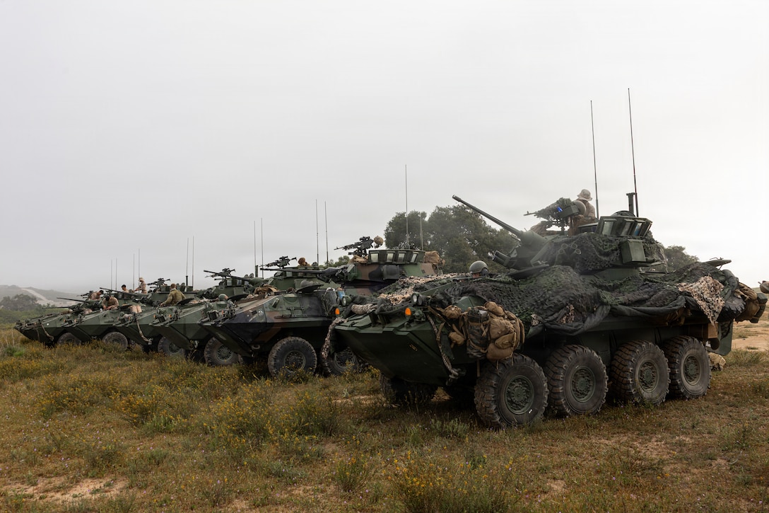 Light Armored Vehicles 25 used by U.S. Marines and partnered service members during the 2026 Bushmaster Competition, Camp Pendleton, California, March 26, 2026. This year, hosted by 4th Light Armored Reconnaissance, 4th Marine Division, the friendly competition gathers Light Armored Vehicle crews from across the U.S. Marine Corps, Australia and New Zealand to test their tactical and technical skills. (U.S. Marine Corps photo by Sgt. Aaron TorresLemus)