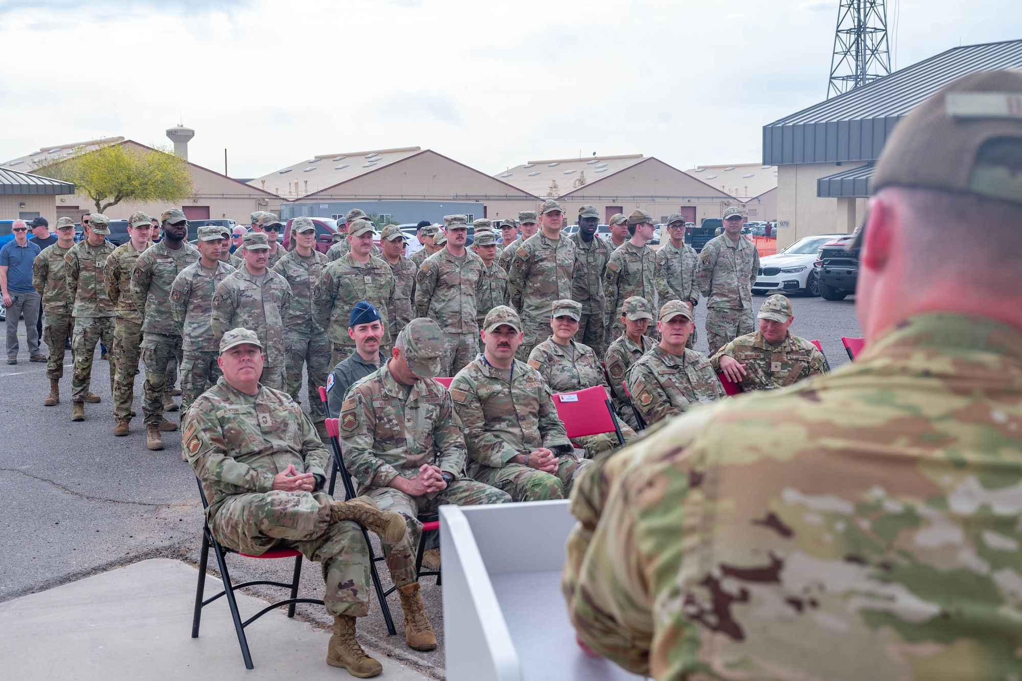 U.S. Air Force Airman 1st Class Andrew Baird, 56th Civil Engineer Squadron firefighter apprentice, briefs Airmen about the official opening of Fire Station 2, March 31, 2026, at Luke Air Force Base, Arizona.