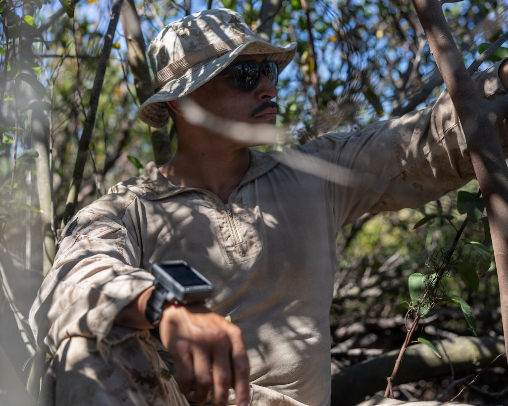 U.S. Marine Corps Gunnery Sgt. Carlos Nunez, a platoon sgt with 4th Light Armored Reconnaissance, 4th Marine Division, waits in concealment for the cover and concealment event during the 2026 Bushmaster Competition, Camp Pendleton, California, March 26, 2026. This year, hosted by 4th Light Armored Reconnaissance, 4th Marine Division, the friendly competition gathers Light Armored Vehicle crews from across the U.S. Marine Corps, Australia and New Zealand to test their tactical and technical skills. (U.S. Marine Corps photo by Sgt. Aaron TorresLemus)