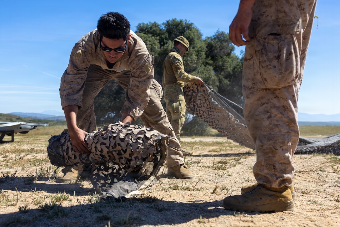 U.S. Marines with 3d Light Armored Reconnaissance, 1st Marine Division and soldiers with the Australian Army’s School of Armor, prepare for the cover and concealment event during the 2026 Bushmaster Competition, Camp Pendleton, California, March 26, 2026. This year, hosted by 4th Light Armored Reconnaissance, 4th Marine Division, the friendly competition gathers Light Armored Vehicle crews from across the U.S. Marine Corps, Australia and New Zealand to test their tactical and technical skills. (U.S. Marine Corps photo by Sgt. Aaron TorresLemus)