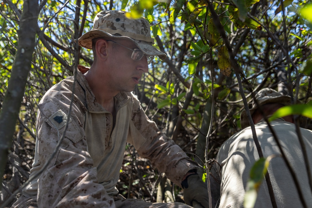 U.S. Marine Sgt. Arthur Corbett, a light armored vehicle commander with 4th Light Armored Reconnaissance, 4th Marine Division, during the cover and concealment event during the 2026 Bushmaster Competition, Camp Pendleton, California, March 26, 2026. This year, hosted by 4th Light Armored Reconnaissance, 4th Marine Division, the friendly competition gathers Light Armored Vehicle crews from across the U.S. Marine Corps, Australia and New Zealand to test their tactical and technical skills. (U.S. Marine Corps photo by Sgt. Aaron TorresLemus)