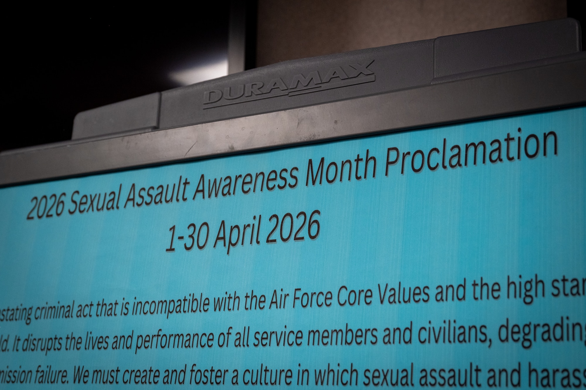 The 2026 Sexual Assault Awareness Month proclamation is displayed for members to sign  at Dyess Air Force Base, Texas, April 1, 2026. Each year, the 7th Bomb Wing signs the proclamation to reinforce a culture of safety and empower Airmen to recognize and address behaviors that can contribute to sexual assault and harassment. (U.S. Air Force photo by Airman 1st Class Adrien Tran)