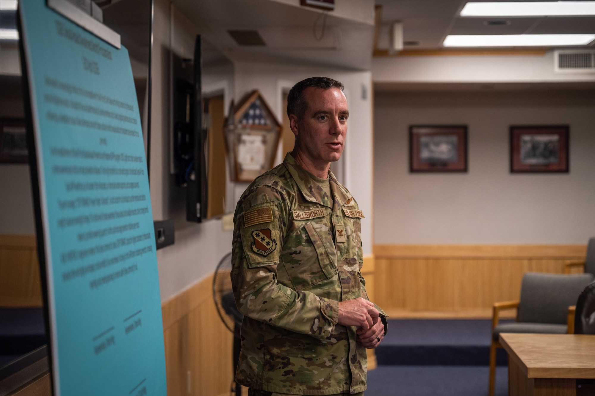 U.S. Air Force Col. Ryan Stallsworth, 7th Bomb Wing deputy commander, speaks about Sexual Assault Awareness Month at Dyess Air Force Base, Texas, April 1, 2026. This year’s campaign theme, “STEP FORWARD: Prevent. Report. Advocate.”, is a call to action to the military community to encourage use of victim recovery services available worldwide, eliminate behaviors that erode military unit effectiveness and enhance mission readiness by countering this crime. (U.S. Air Force photo by Airman 1st Class Adrien Tran)