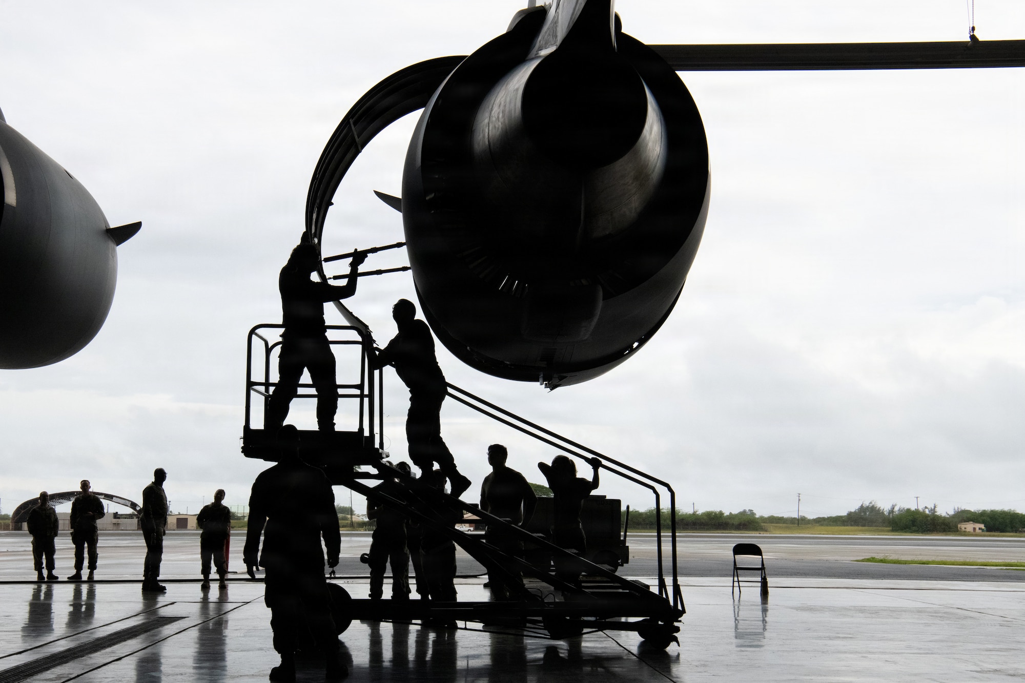 Airmen from the 515 Air Mobility Operations Wing perform repairs to an engine during the 2026 Mobility Vanguard Rodeo on Joint Base Pearl Harbor-Hickam, Hawaii, March 12, 2026. Aerial Port and Maintenance Career Fields came together to compete in various scenarios designed to increase readiness, improve interoperability and boost morale across the wing. (U.S. Air Force courtesy photo)