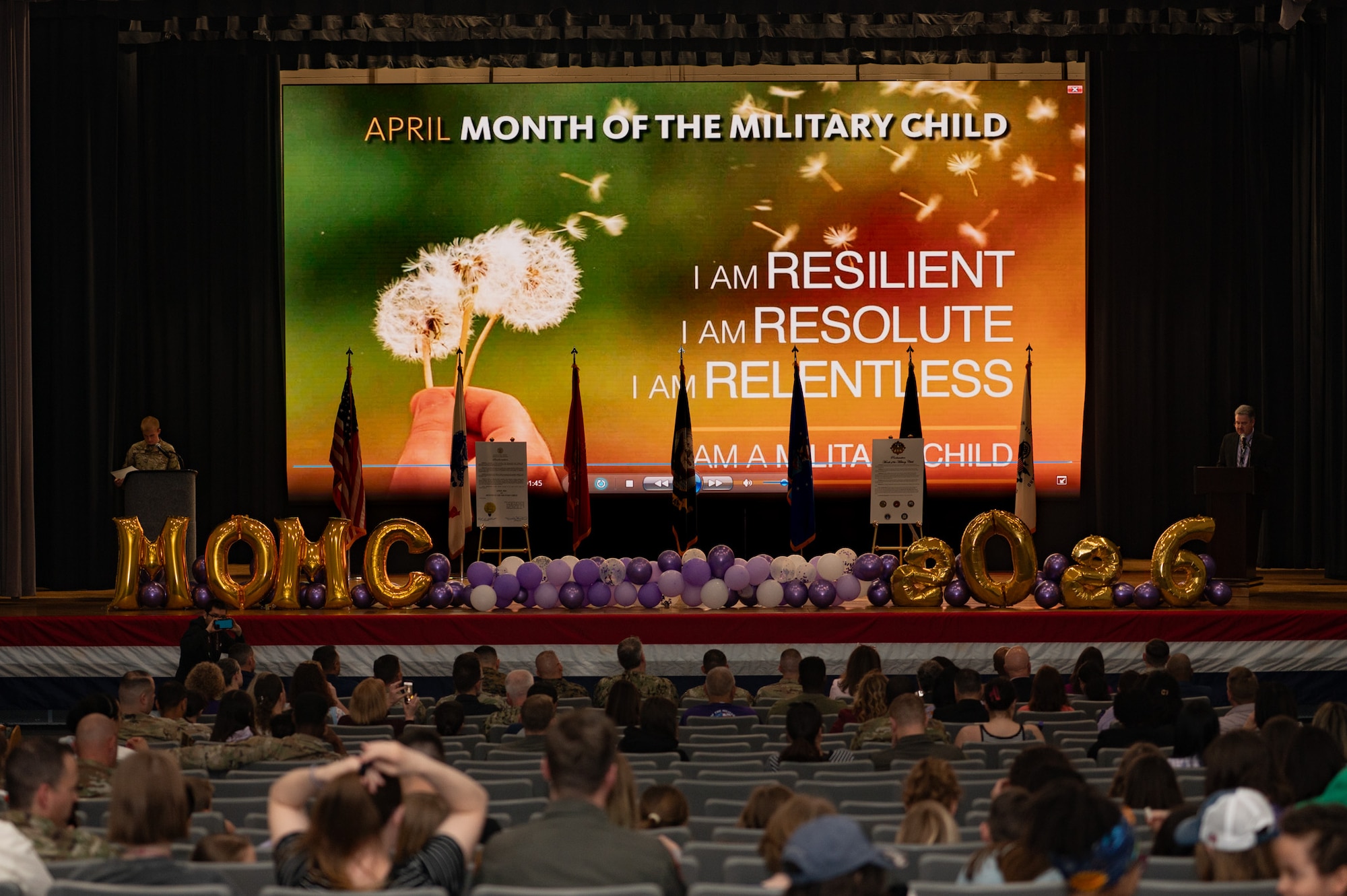 U.S. military families, civic partners and students from local schools attend the Month of the Military Child Proclamation signing at Joint Base McGuire-Dix-Lakehurst, N.J., April 1, 2026. The ceremony honored the important role military children have in supporting service members and recognized the resilience each child possesses. (U.S. Air Force photo by Airman 1st Class Haeleigh Bayle)
