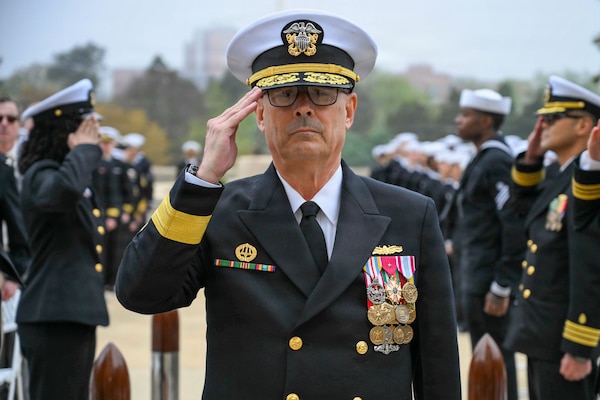 BETHESDA, Md. (Apr. 2, 2026) Rear Adm. Robert J. Hawkins, commander, Naval Medical Forces Atlantic and director, Defense Health Network Atlantic, is piped aboard during a combined change of command and retirement ceremony, at Walter Reed National Military Medical Center, Apr. 2, 2026.  NMRTC Bethesda’s mission is to maximize warfighter performance through optimized medical readiness tailored to operational requirements; enhance the readiness of the medical force to sustain expeditionary medical capability; and train and develop the Navy Medicine Force.  (U.S. Navy photo Mass Communication Specialist Second Class Alec Kramer)