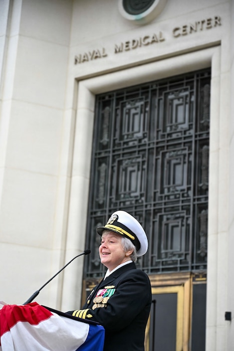 BETHESDA, Md. (Apr. 2, 2026) Capt. Darla Dietrich, commanding officer, Navy Medicine Readiness and Training Command (NMRTC) Bethesda, speaks during a combined change of command and retirement ceremony, at Walter Reed National Military Medical Center, Apr. 2, 2026. NMRTC Bethesda’s mission is to maximize warfighter performance through optimized medical readiness tailored to operational requirements; enhance the readiness of the medical force to sustain expeditionary medical capability; and train and develop the Navy Medicine Force. (U.S. Navy photo Mass Communication Specialist Second Class Alec Kramer)