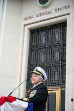 BETHESDA, Md. (Apr. 2, 2026) Capt. Darla Dietrich, commanding officer, Navy Medicine Readiness and Training Command (NMRTC) Bethesda, speaks during a combined change of command and retirement ceremony, at Walter Reed National Military Medical Center, Apr. 2, 2026. NMRTC Bethesda’s mission is to maximize warfighter performance through optimized medical readiness tailored to operational requirements; enhance the readiness of the medical force to sustain expeditionary medical capability; and train and develop the Navy Medicine Force. (U.S. Navy photo Mass Communication Specialist Second Class Alec Kramer)
