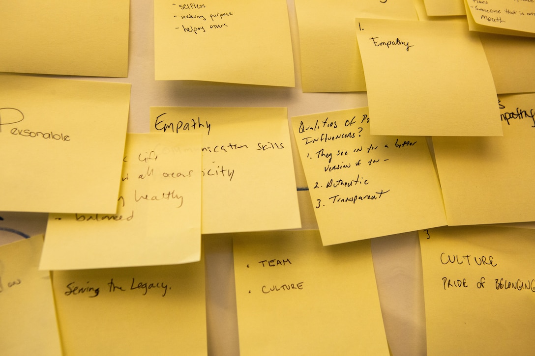 Sticky notes highlight the leadership traits Marines and Sailors value most during the Operational Stress Control and Readiness (OSCAR) training event hosted by Manpower and Reserve Affairs, Marine and Family Programs Division at Marine Corps Base Quantico, Virginia.