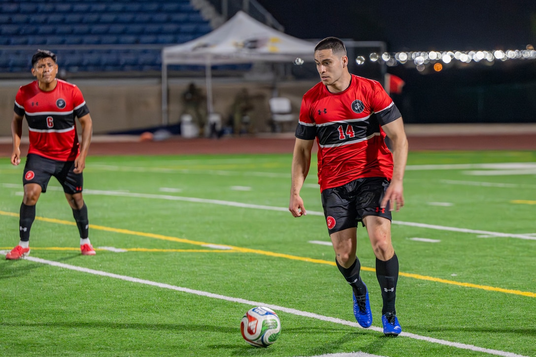 U.S. Marine Corps Capt Hernando Valenciaparra, assigned to Rock Island, IL, prepares to kick the ball downfield during the 2026 Armed Forces Men’s Soccer Championship at Phantom Warrior Stadium on Fort Hood, Texas, Mar. 30, 2026. Service members competed in soccer for championship honors while representing their respective services.