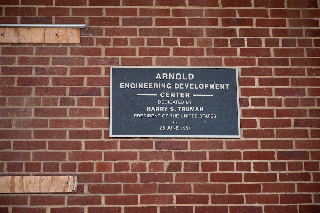President Harry S. Truman inaugurates Arnold Air Force Base in 1951, speaking from the platform of its very first building. Seventy-five years later, this historic structure continues to serve as a crucial logistics hub for the vastly expanded base. (U.S. Air Force photo by Keith Thornburgh)