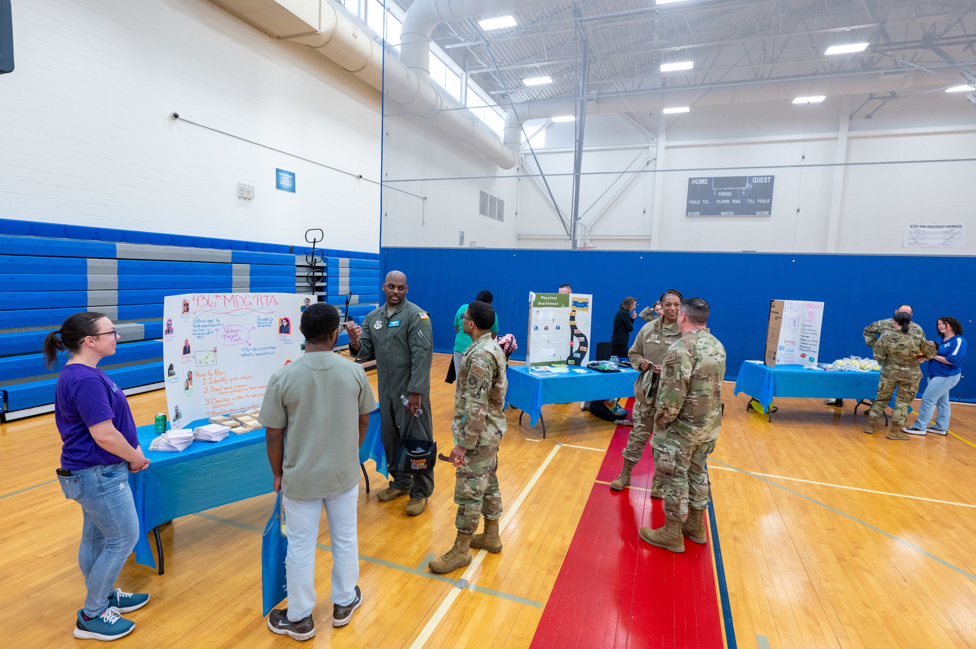 Members of Team Dover visit booths set up by squadron master resiliency trainers during the 2026 Resilience Team Showcase at Dover Air Force Base, Delaware, March 26, 2026. The event brought members of Team Dover together to showcase the creative ways each unit is implementing to promote and encourage comprehensive Airman fitness covering physical, mental, social and spiritual health. (U.S. Air Force photo by Mauricio Campino)