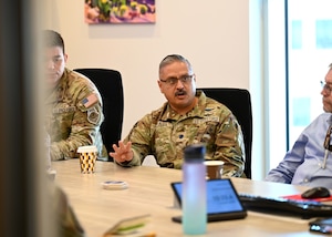 U.S. Space Force Lt. Col. Daniel Morales, Space Forces Southern chief of plans, speaks during a meeting with representatives from the University of Arizona’s Kyl Institute for National Security, in Tucson, Arizona, April 2, 2026. The meeting discussed critical training and technology needs required to counter non-hemispheric actors in the Southern Command area of responsibility, with a desire to share these capabilities with partner nations. (U.S. Air Force photo by Staff Sgt. Abbey Rieves)