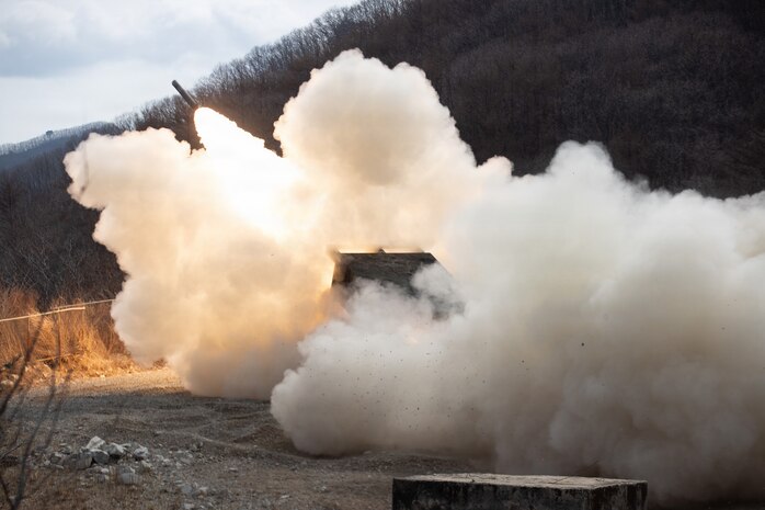 A Republic of Korea Army M270A1 Multi Launch Rocket System (MLRS) from ROKA Fires Brigade 1100 Missile Battalion is fired during a combined joint live fire exercise between the U.S. Army, U.S. Marine Corps and ROK Army near Pocheon, South Korea, March 31, 2026.